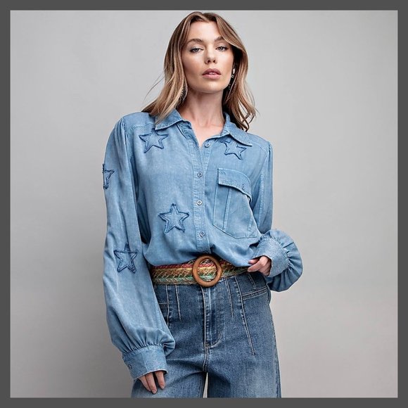EASEL "STAR STRUCK" Embroidered Silk-Like Mineral Wash Button Up, Cuffs, Pockets - Picture 12 of 16